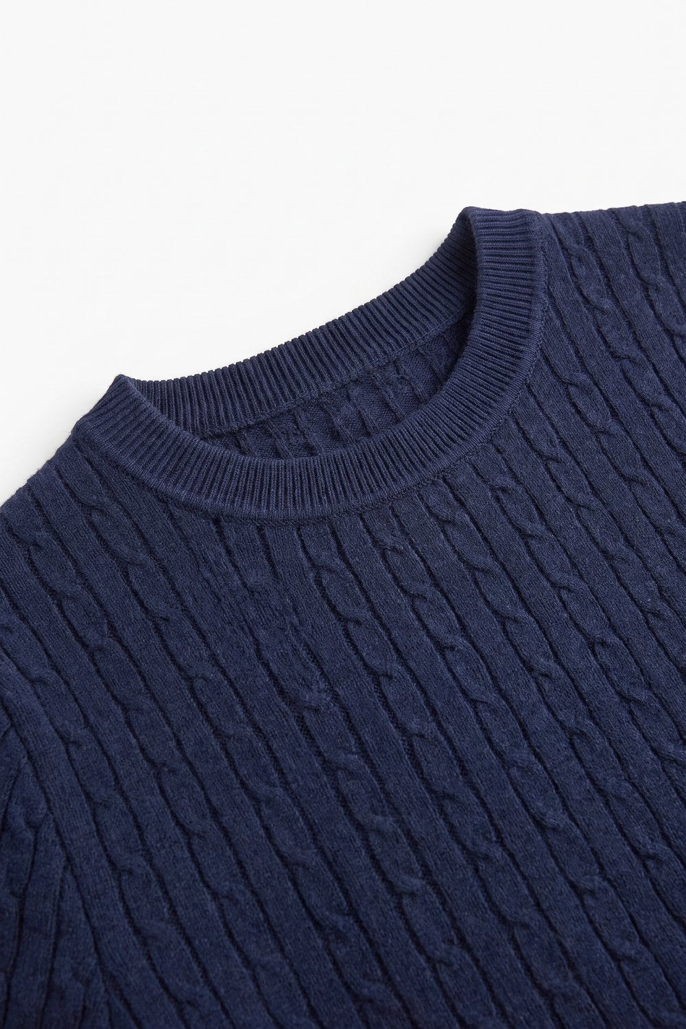 Navy Cable Knit Crew Neck Short Sleeve Sweater - Tops