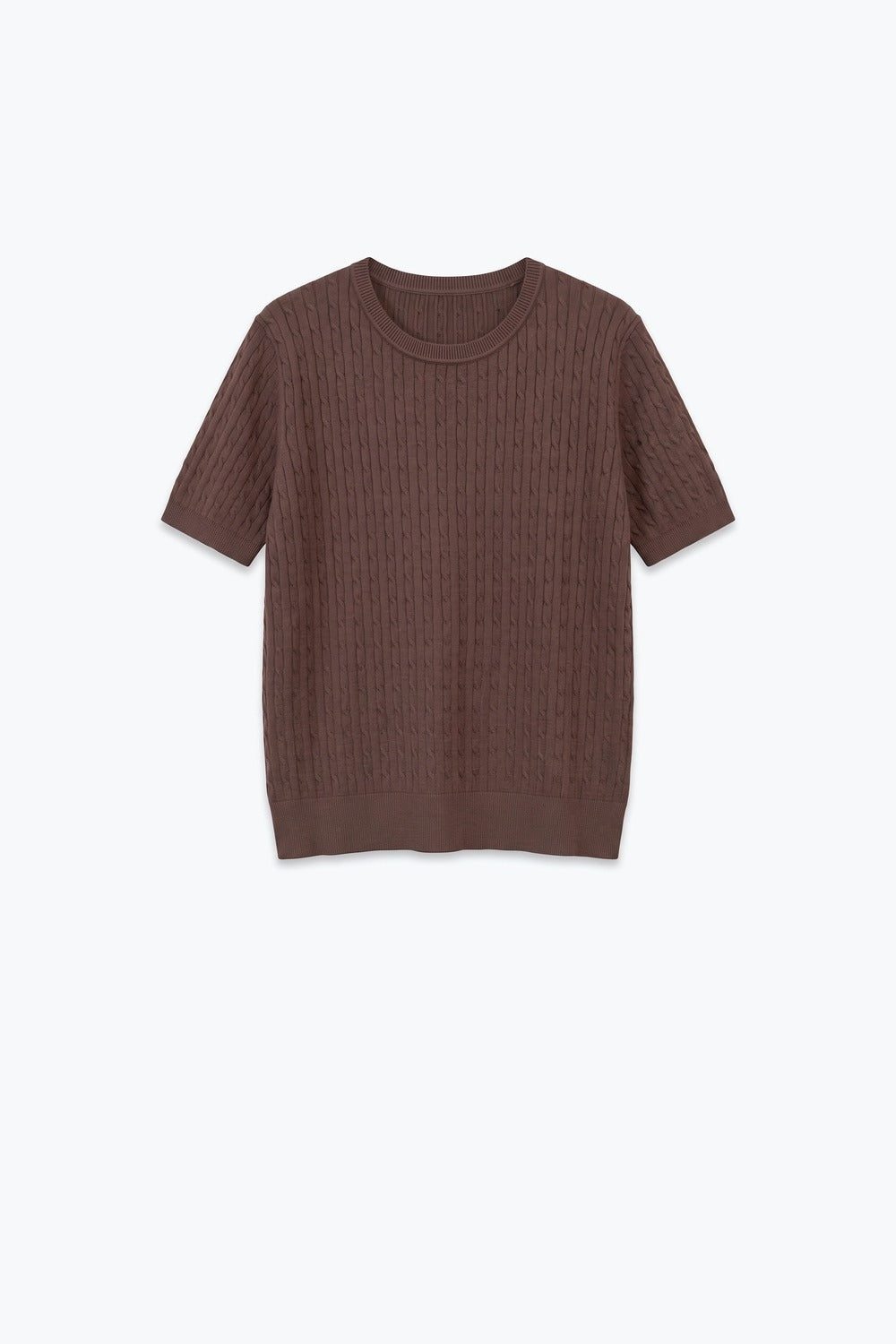 Brown Cable Knit Crew Neck Short Sleeve Sweater - Tops