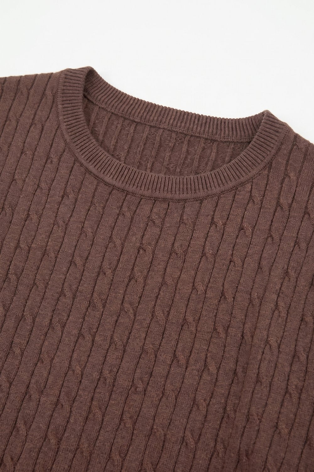 Brown Cable Knit Crew Neck Short Sleeve Sweater - Tops