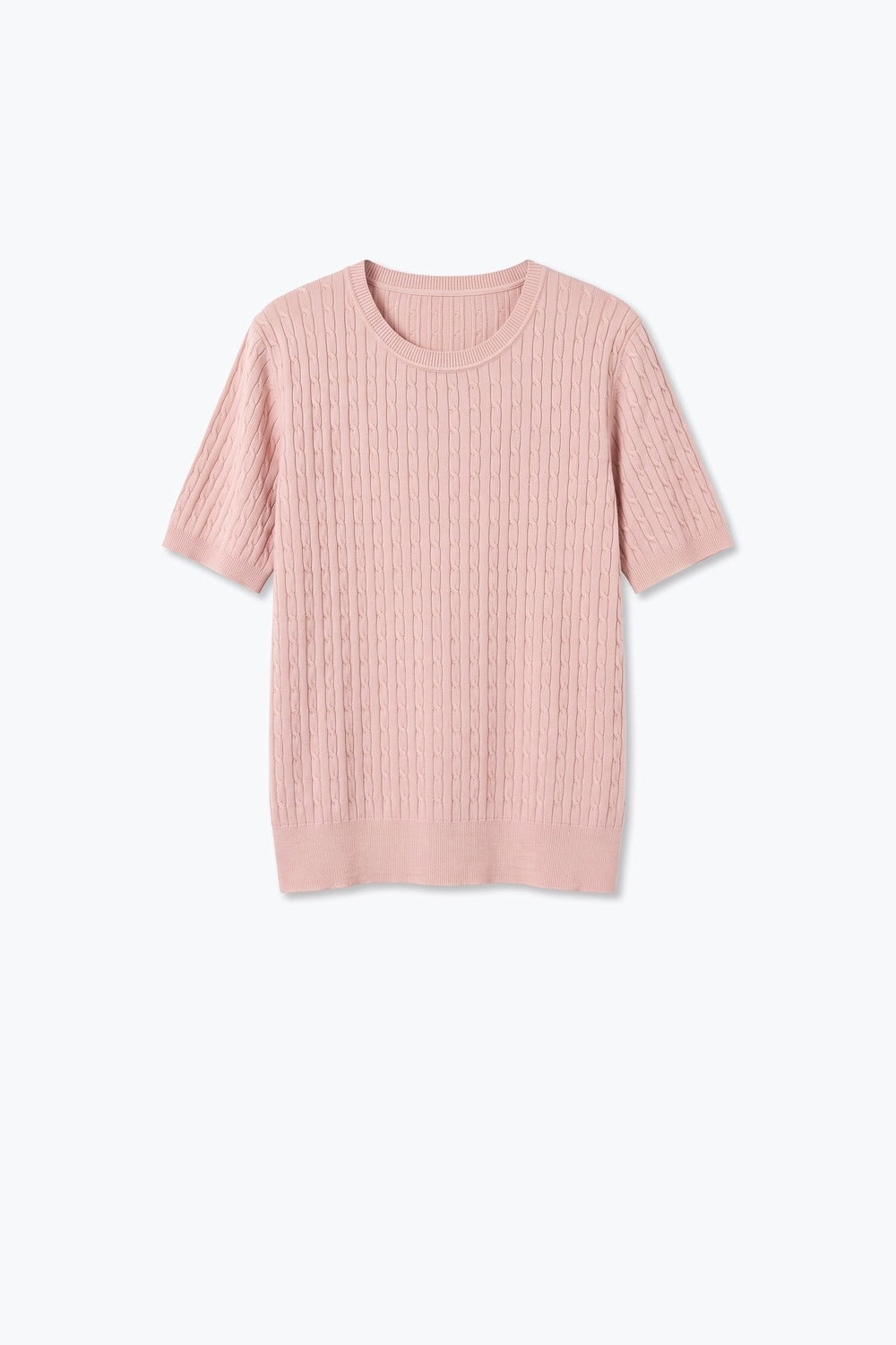 Powder Pink Cable Knit Crew Neck Short Sleeve Sweater - Tops