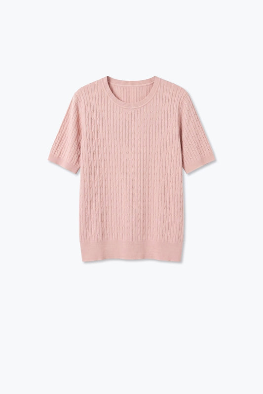 Powder Pink Cable Knit Crew Neck Short Sleeve Sweater - Tops