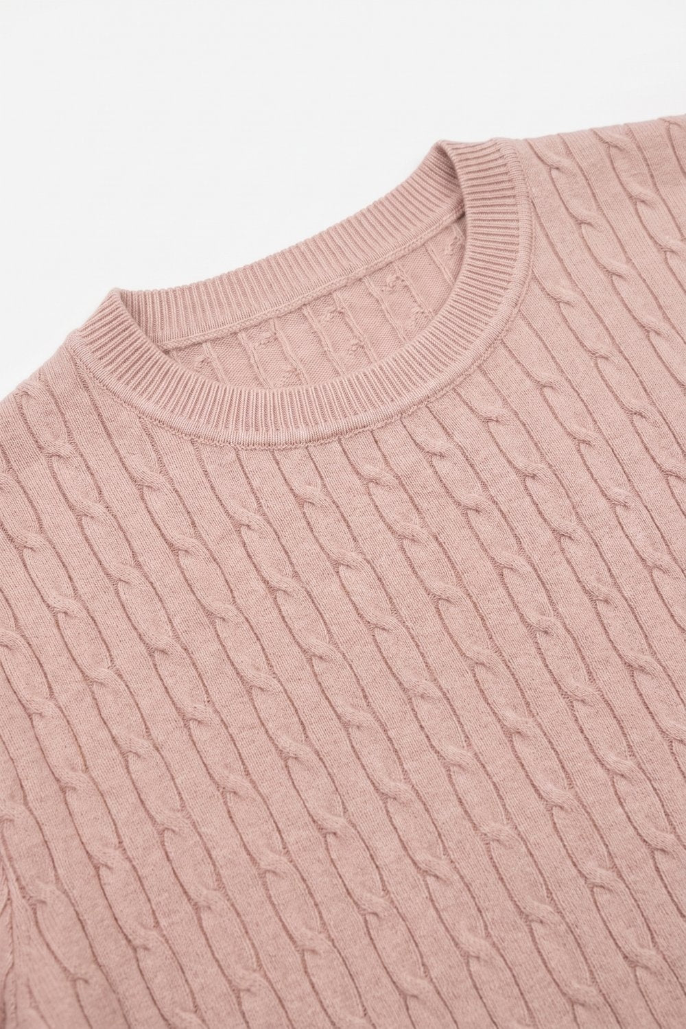 Powder Pink Cable Knit Crew Neck Short Sleeve Sweater - Tops