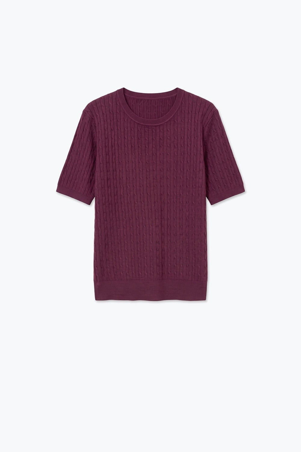 purple Cable Knit Ribbed Crew Neck Short Sleeve Sweater - Tops