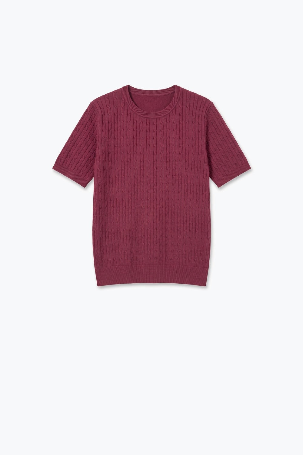 wine Cable Knit Crew Neck Short Sleeve Sweater - Tops