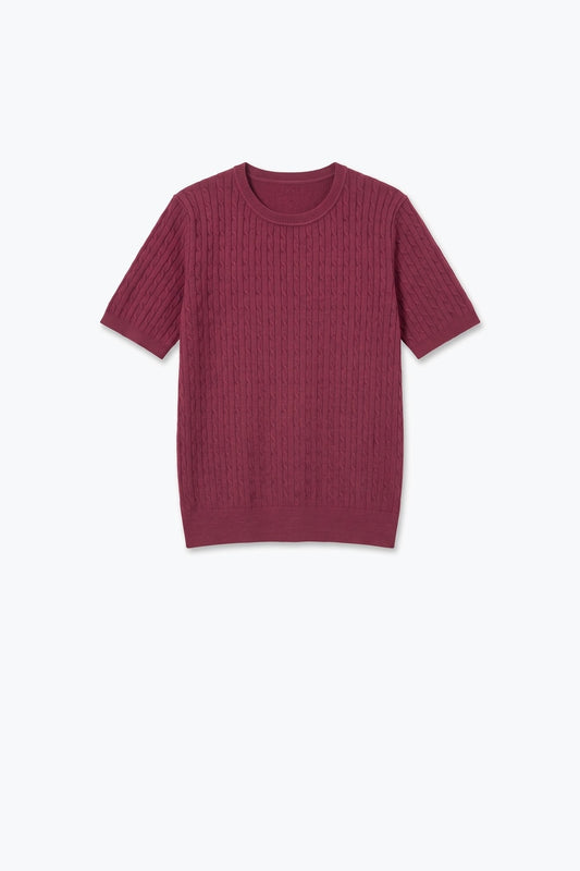 wine Cable Knit Crew Neck Short Sleeve Sweater - Tops