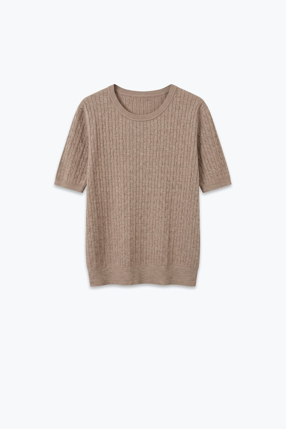 Fango Cable Knit Crew Neck Short Sleeve Sweater - Tops