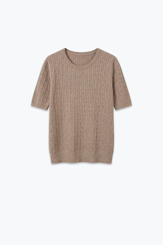 Fango Cable Knit Crew Neck Short Sleeve Sweater - Tops
