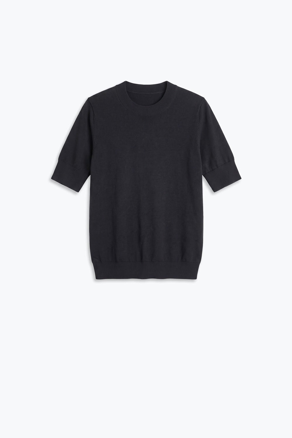 Black Merino Wool Blend Fine Knit Crew Neck Ribbed Trim Sweater - Jumpers