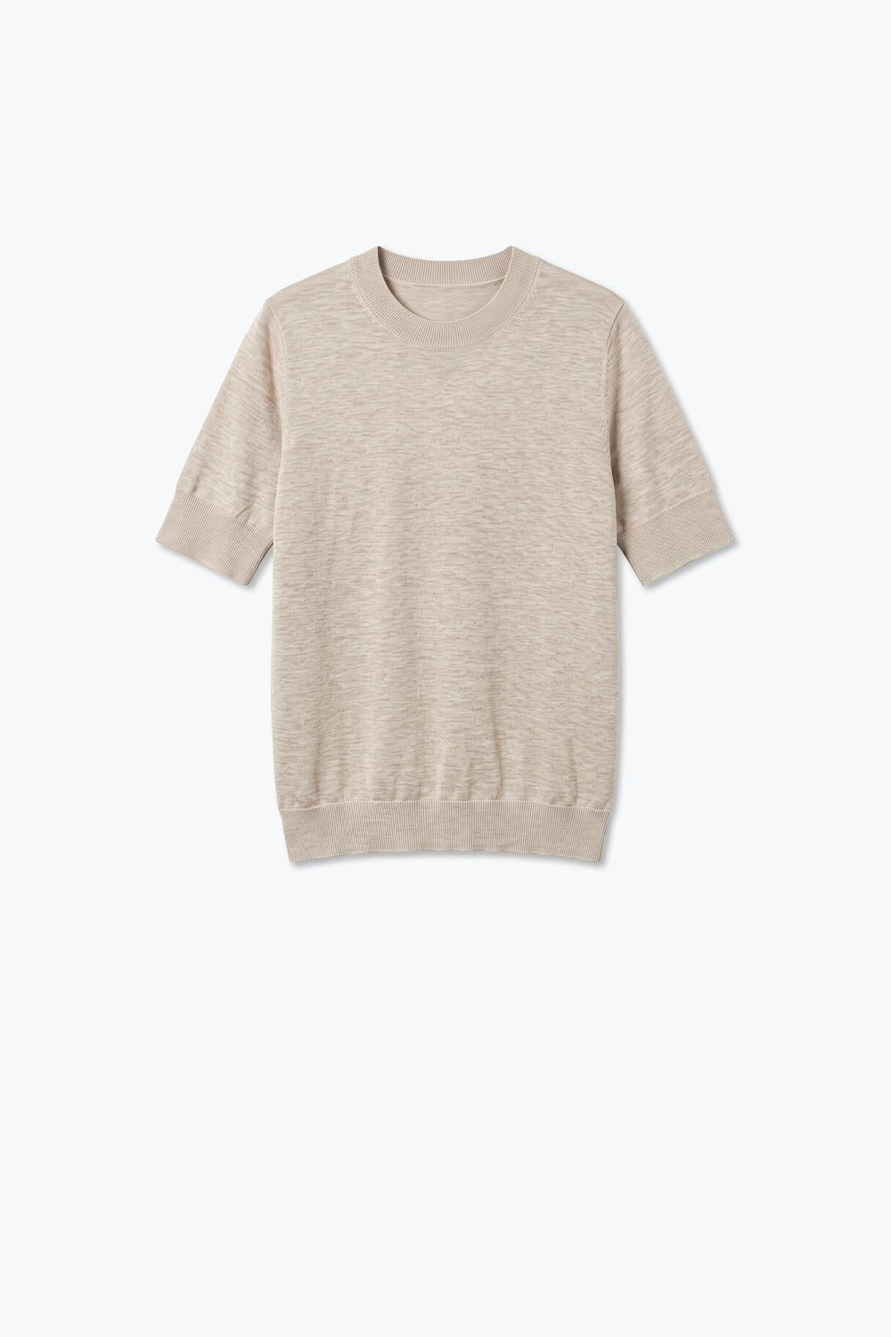 Beige Merino Wool Blend Fine Knit Crew Neck Ribbed Trim Sweater - Jumpers