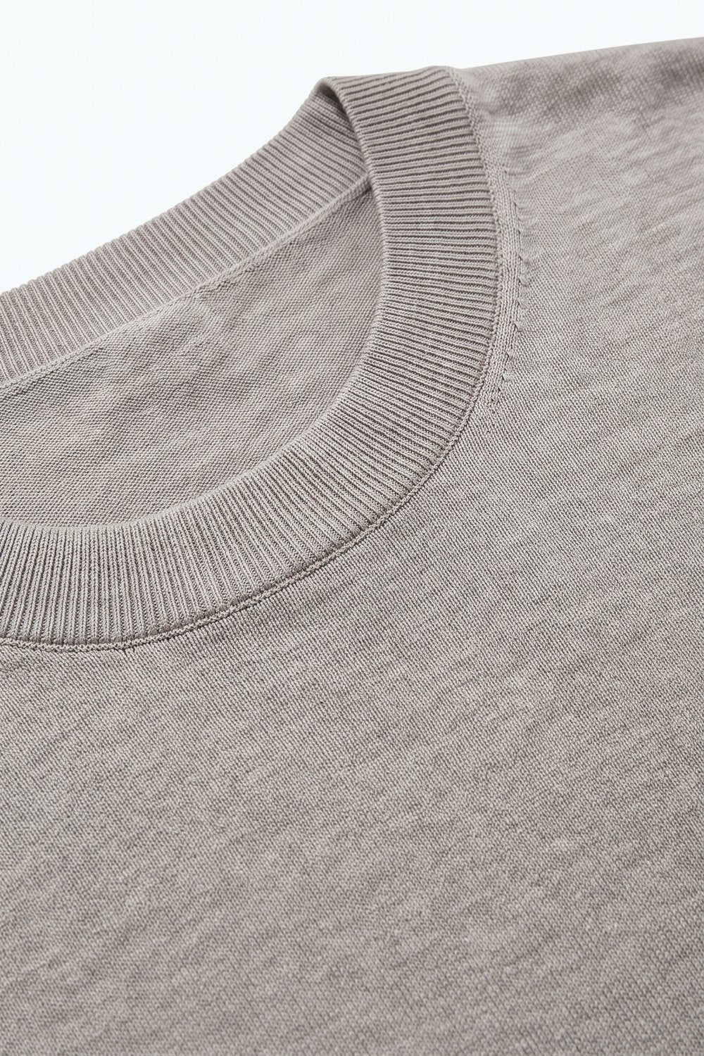 Beige Merino Wool Blend Fine Knit Crew Neck Ribbed Trim Sweater - Jumpers