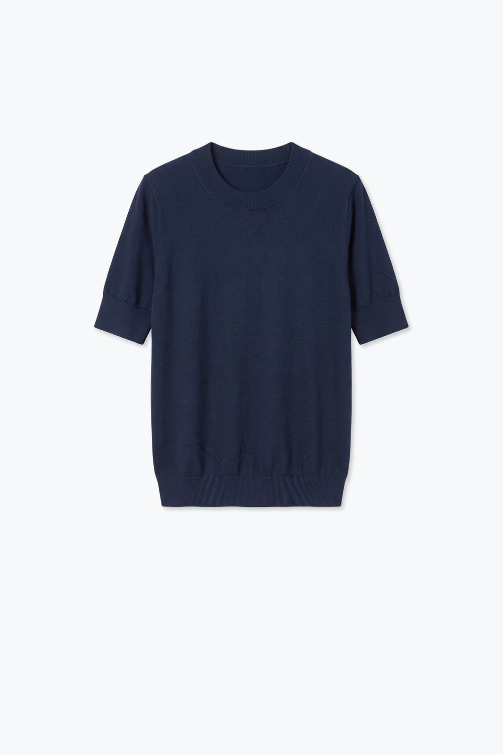 Navy Merino Wool Blend Fine Knit Ribbed Trim Short Sleeve Sweater - Jumpers
