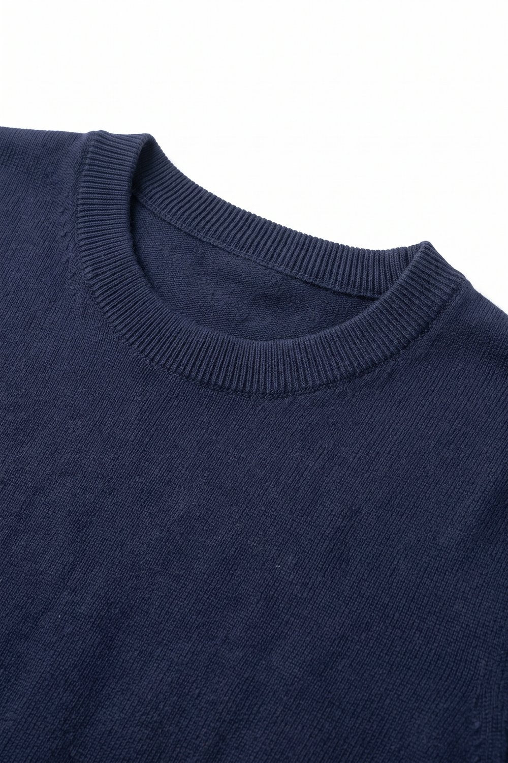 Navy Merino Wool Blend Fine Knit Ribbed Trim Short Sleeve Sweater - Jumpers