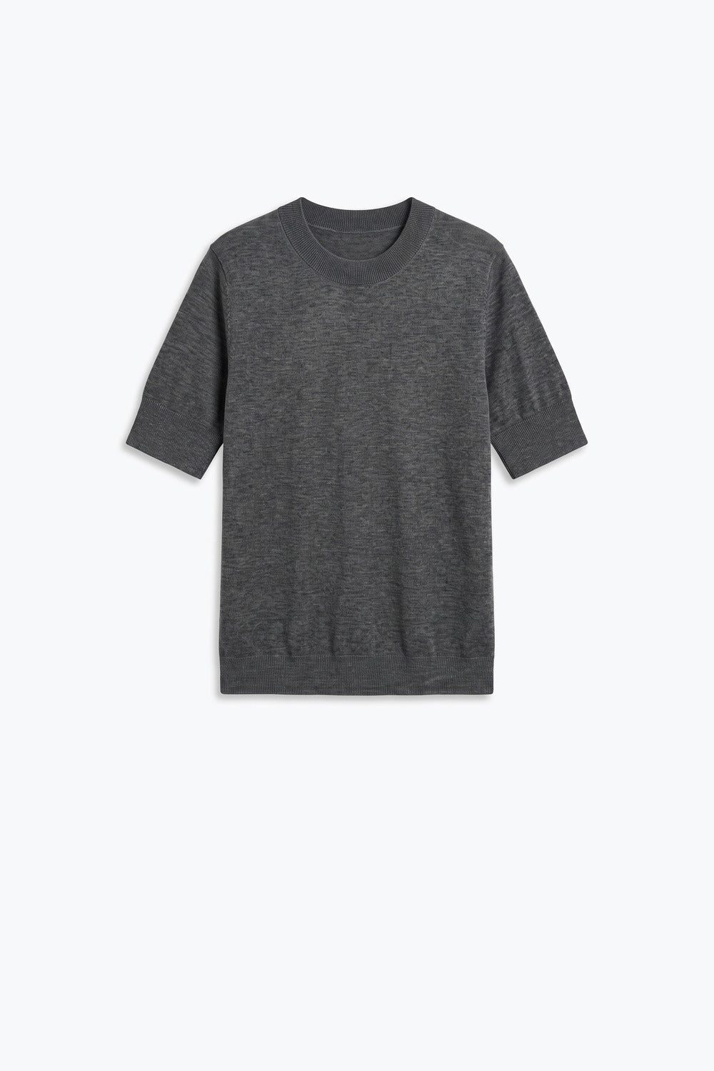 Grey Merino Wool Blend Fine Knit Ribbed Crew Neck Short Sleeve Sweater - Jumpers
