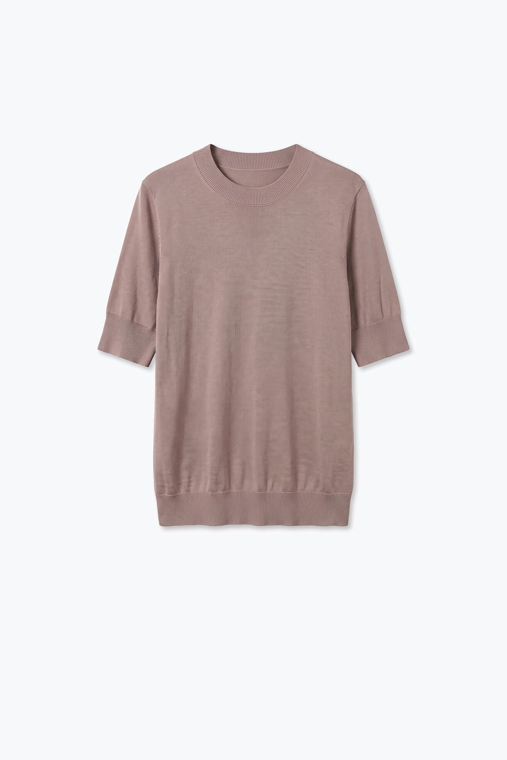 Powder Pink Merino Wool Blend Fine Knit Crew Neck Ribbed Trim Sweater - Jumpers