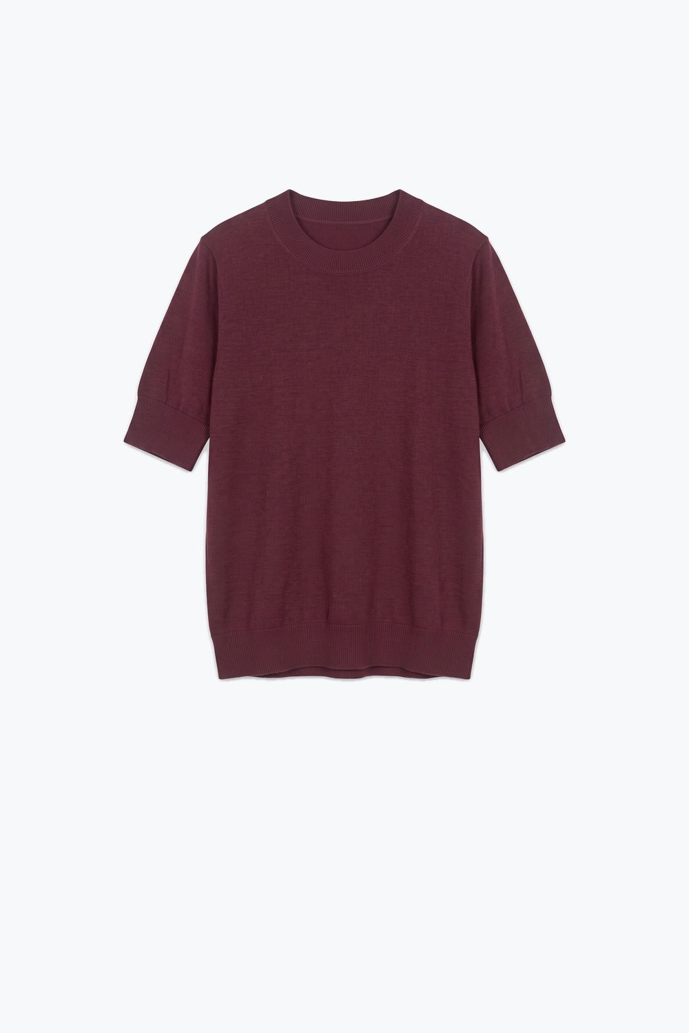 Purple Merino Wool Blend Fine Knit Crew Neck Short Sleeve Ribbed Trim Sweater - Jumpers