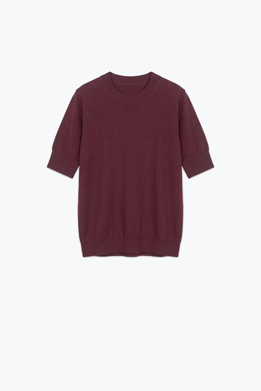 Purple Merino Wool Blend Fine Knit Crew Neck Short Sleeve Ribbed Trim Sweater - Jumpers