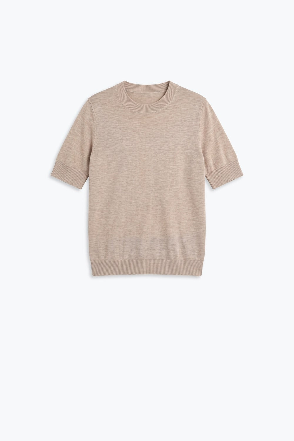 Fango Merino Wool Blend Fine Knit Ribbed Crew Neck Short Sleeve Sweater - Jumpers
