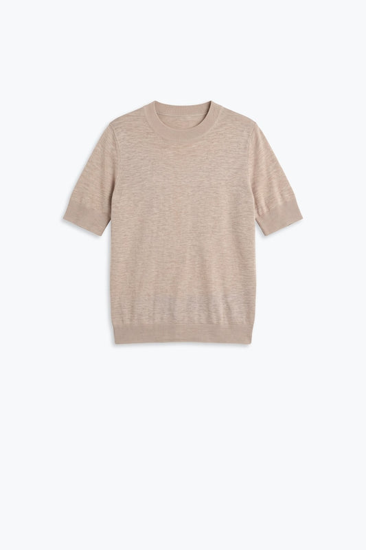 Fango Merino Wool Blend Fine Knit Ribbed Crew Neck Short Sleeve Sweater - Jumpers