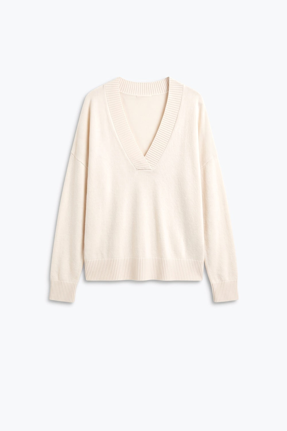 Beige Soft Knit Wide V Neck Rib Trim Relaxed Sweater - Jumpers