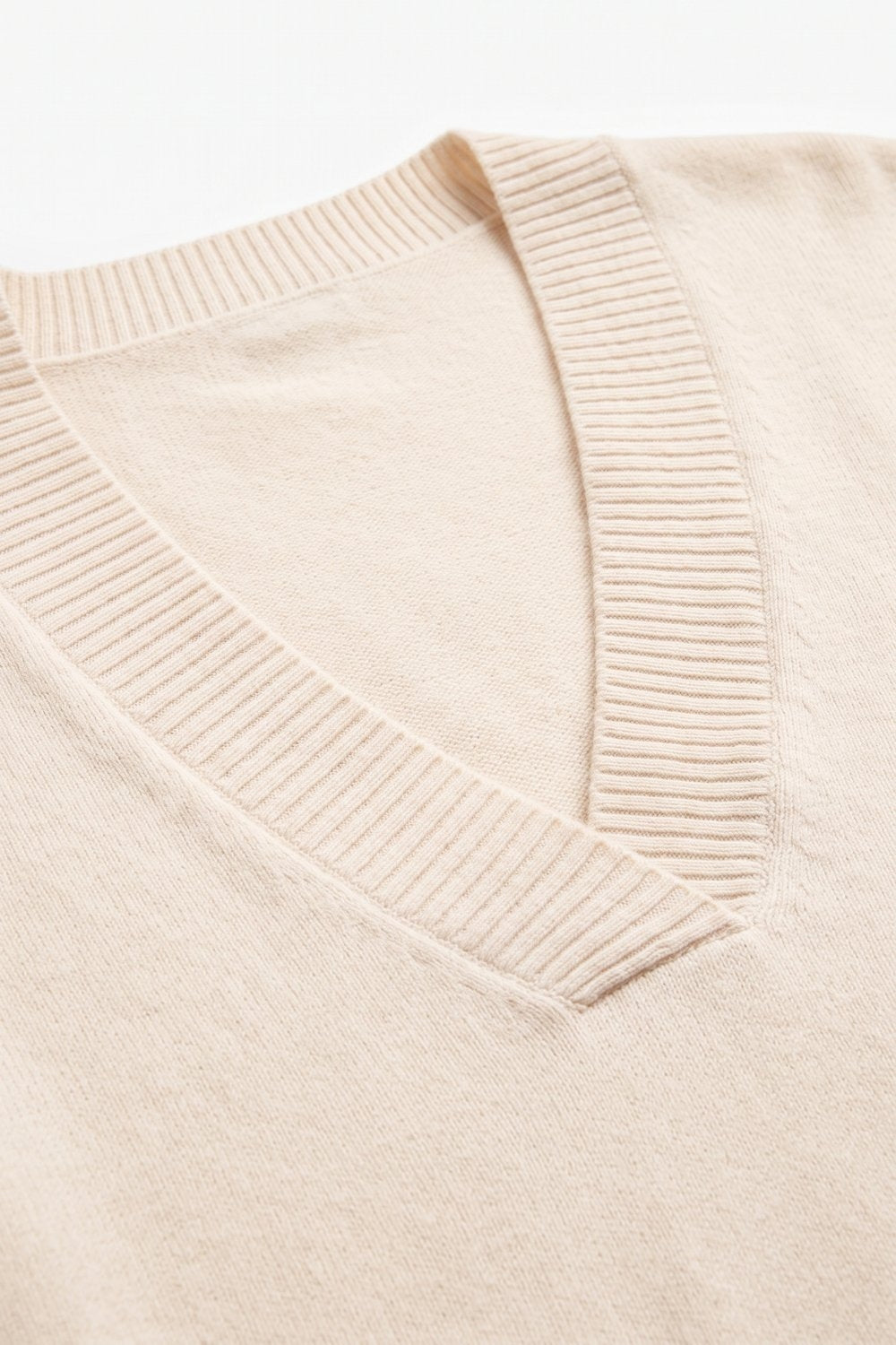Beige Soft Knit Wide V Neck Rib Trim Relaxed Sweater - Jumpers