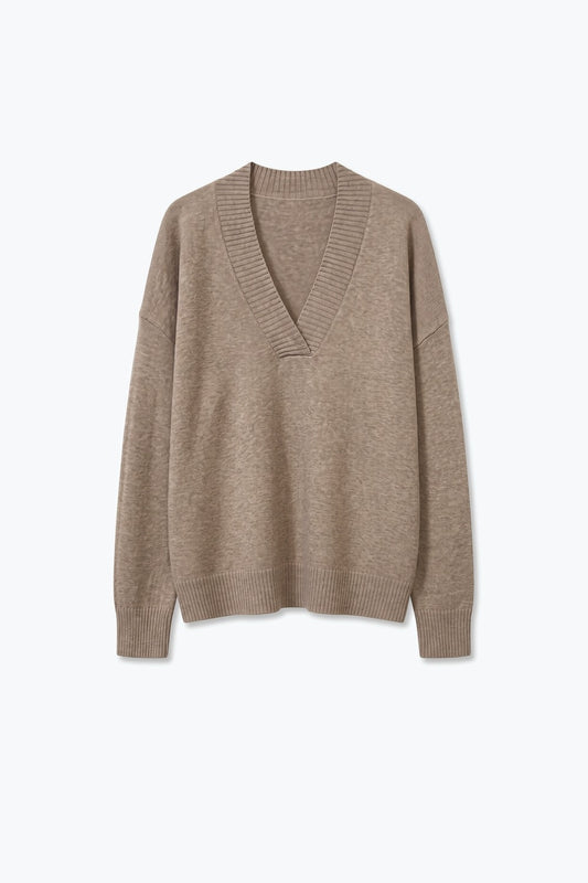 Camel Warm Knit Wide V-Neck Jumper - Jumpers