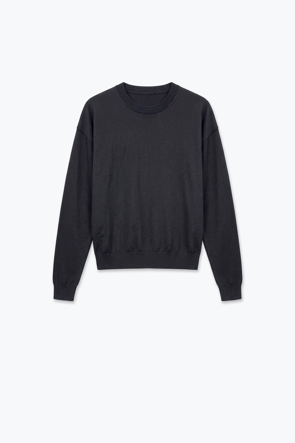 Black Merino Wool Blend Fine Knit Crew Neck Sweater - Jumpers