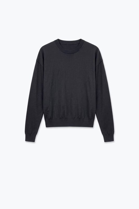 Black Merino Wool Blend Fine Knit Crew Neck Sweater - Jumpers