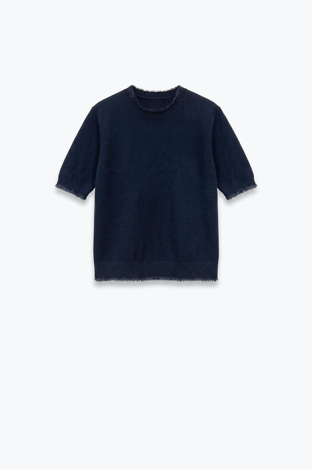 Black Short Sleeve Crew Neck Sweater with Faux Fur Trim - Tops