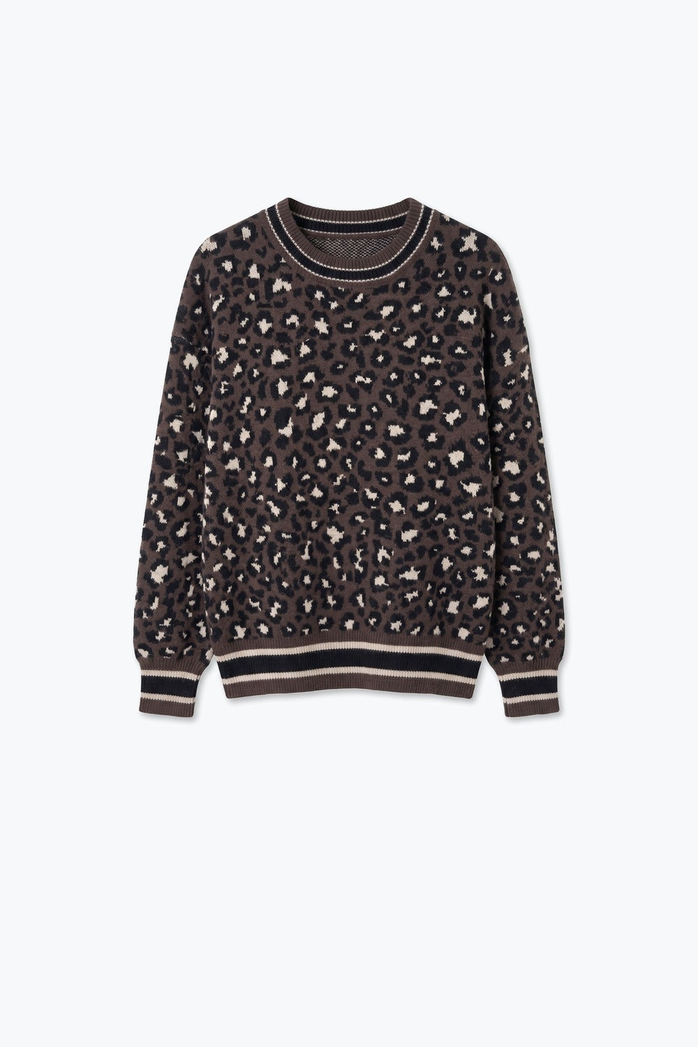 Brown Animal Print Soft Knit Crew Neck Ribbed Trim Sweater - jumper