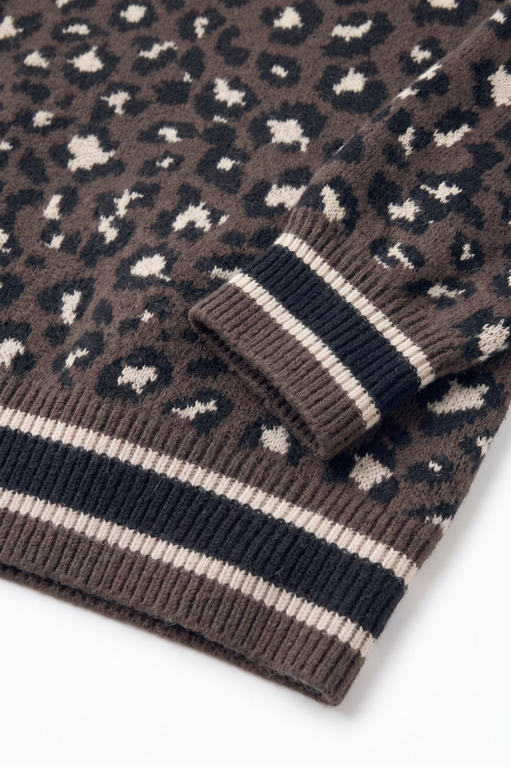 Brown Animal Print Soft Knit Crew Neck Ribbed Trim Sweater - jumper
