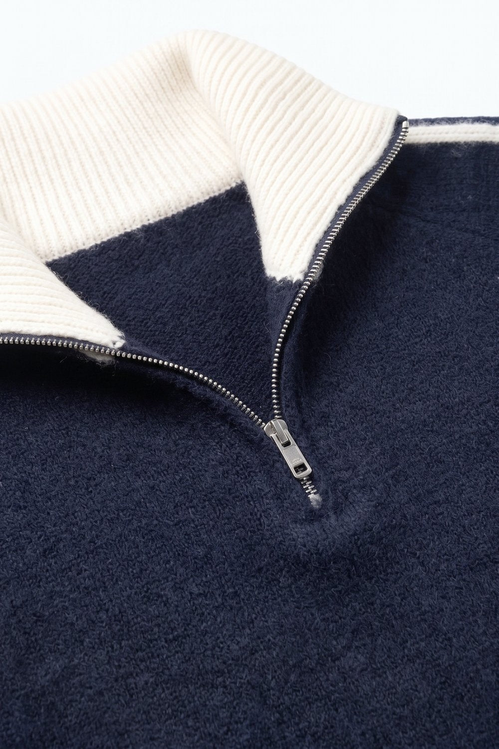 Navy Striped chunky Brushed Knit Contrast Collar Half Zip Sweater - jumper
