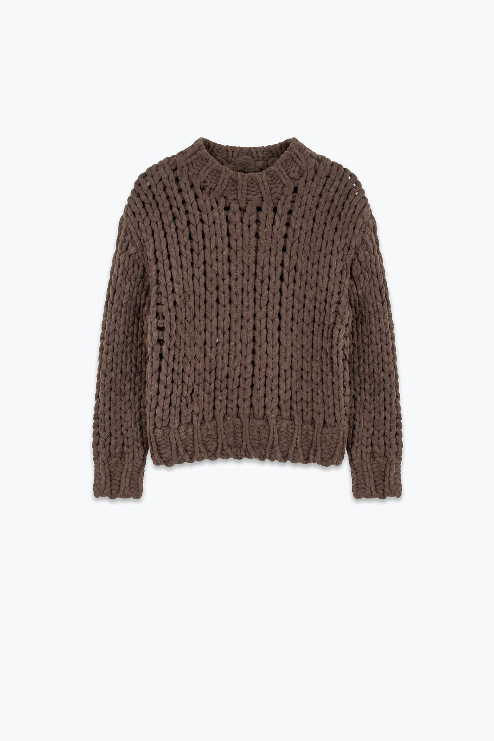 Brown Chunky Knit Open Stitch Rib Trim Sweater - jumper