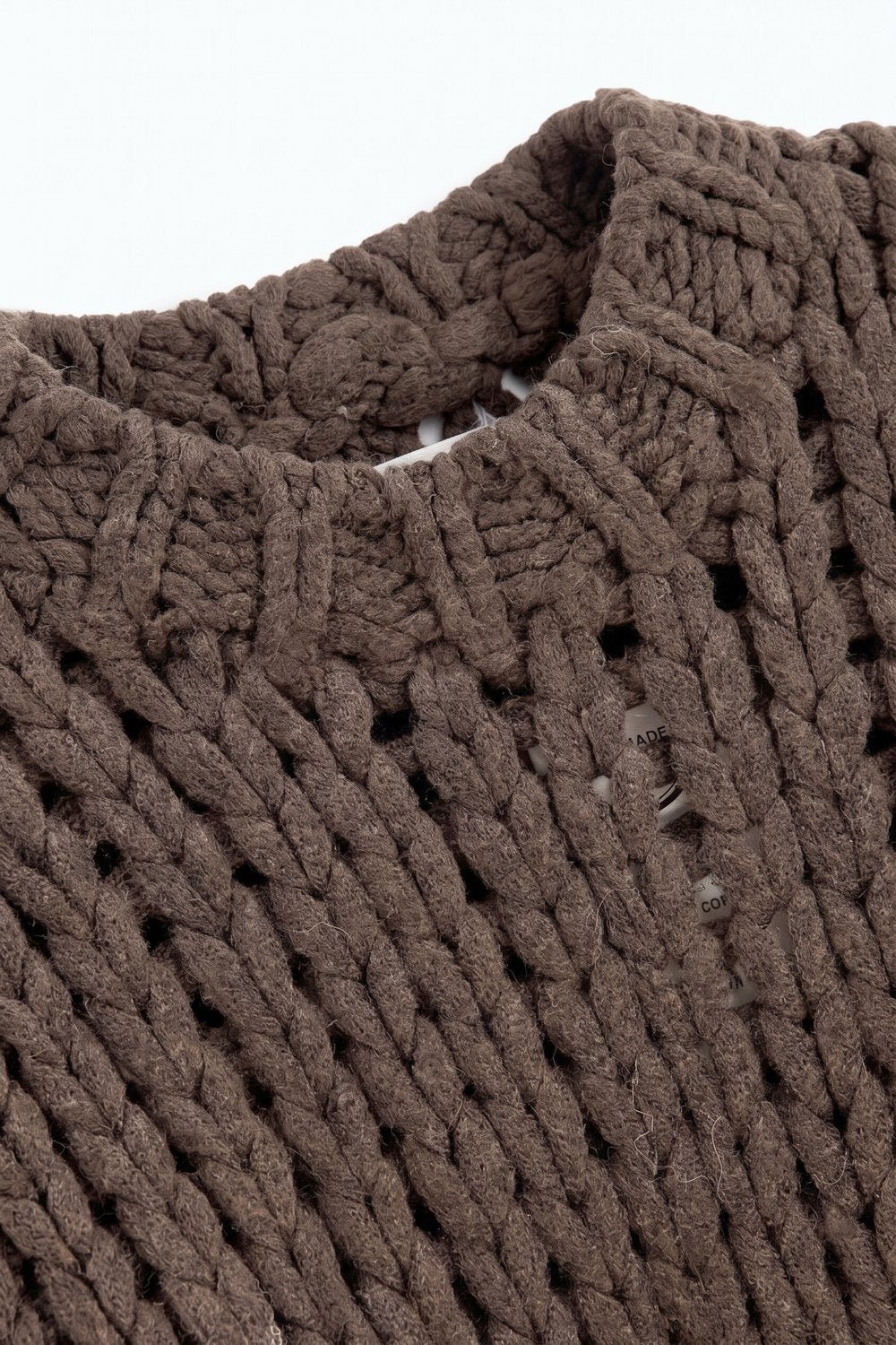 Brown Chunky Knit Open Stitch Rib Trim Sweater - jumper
