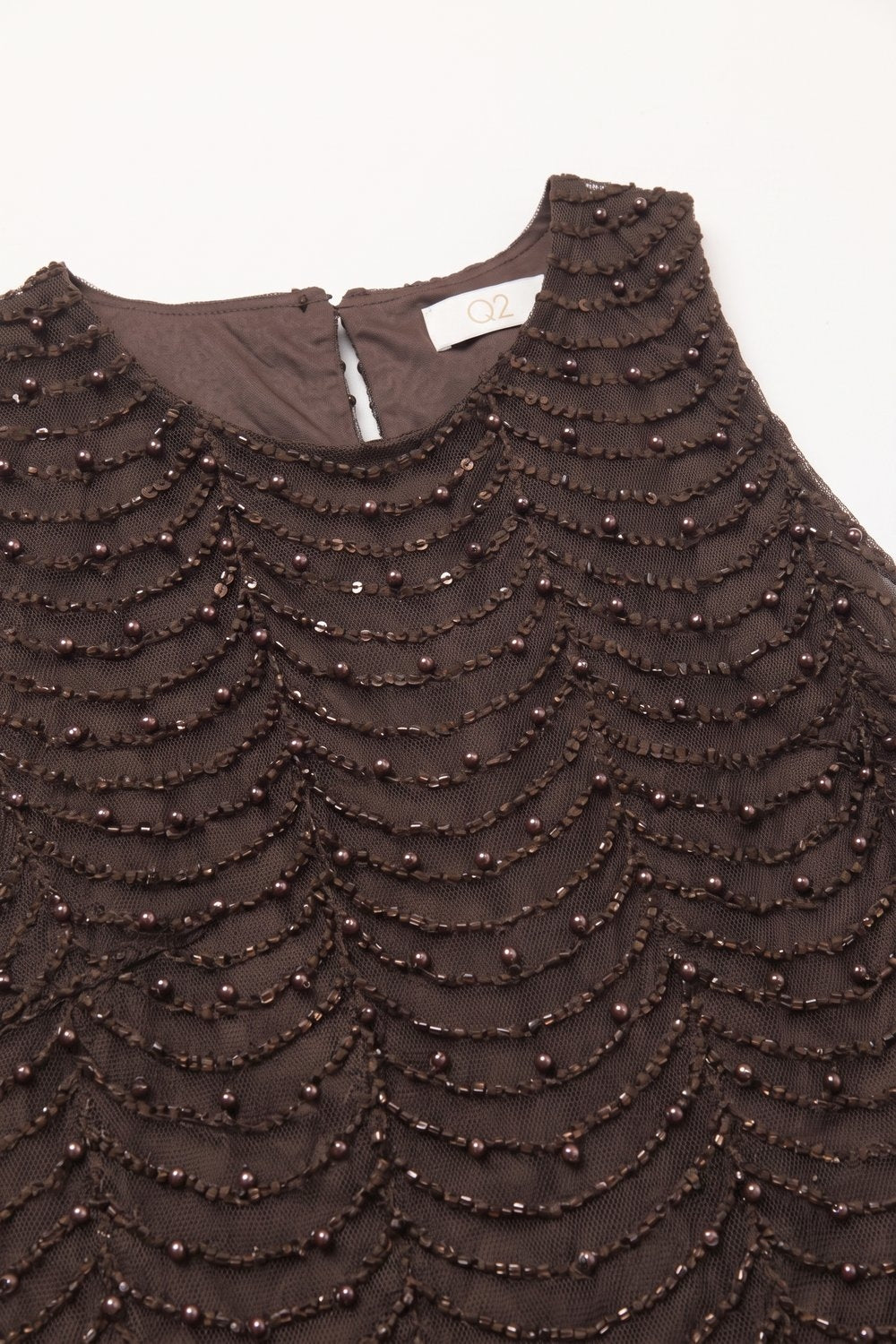 Brown Mesh Beaded Scallop Hem Sleeveless Top - top