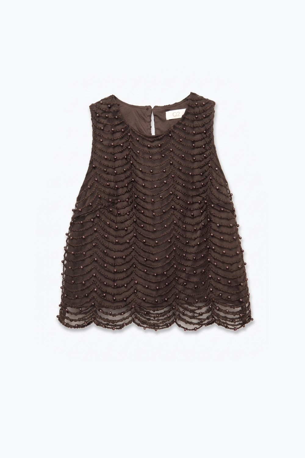 Brown Mesh Beaded Scallop Hem Sleeveless Top - top