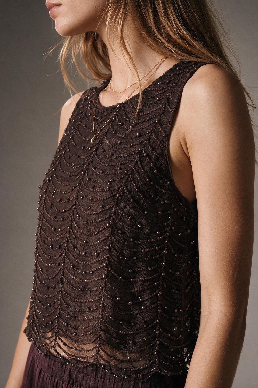 Brown Mesh Beaded Scallop Hem Sleeveless Top - top