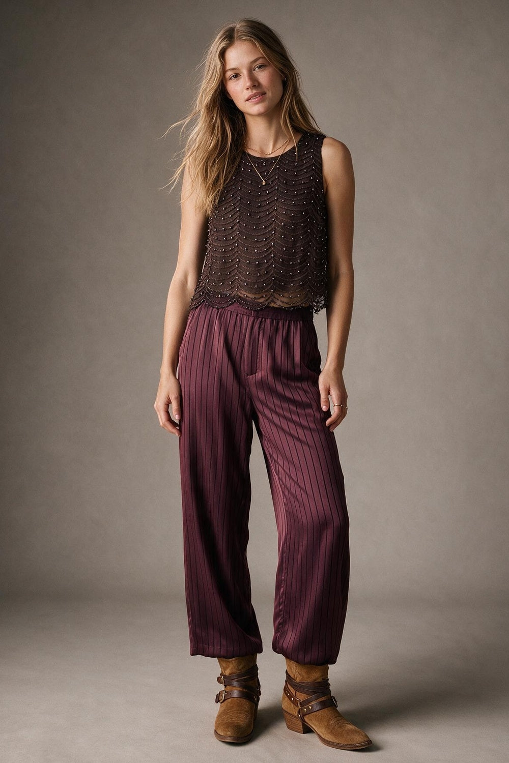 Brown Mesh Beaded Scallop Hem Sleeveless Top - top