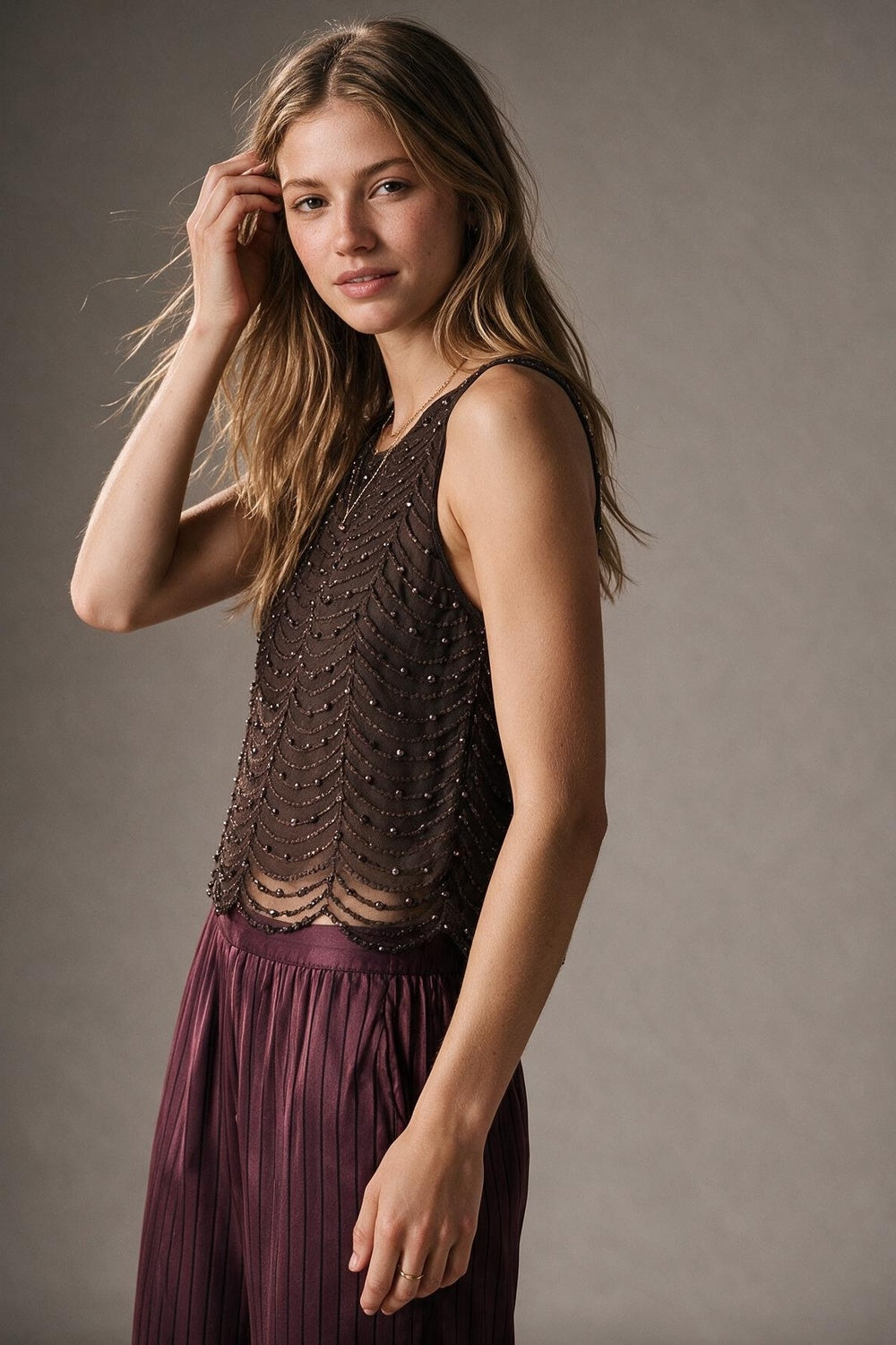 Brown Mesh Beaded Scallop Hem Sleeveless Top - top