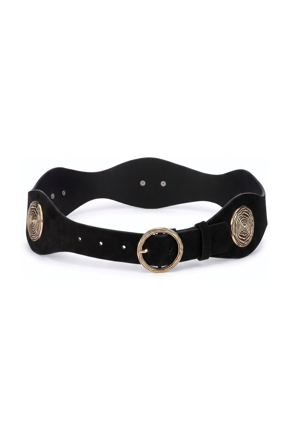 Black Suede Gold Swirl Buckle Wide Waist Belt - Belts
