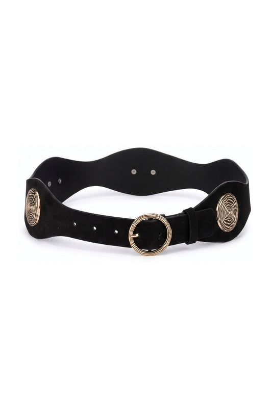 Black Suede Gold Swirl Buckle Wide Waist Belt - Belts