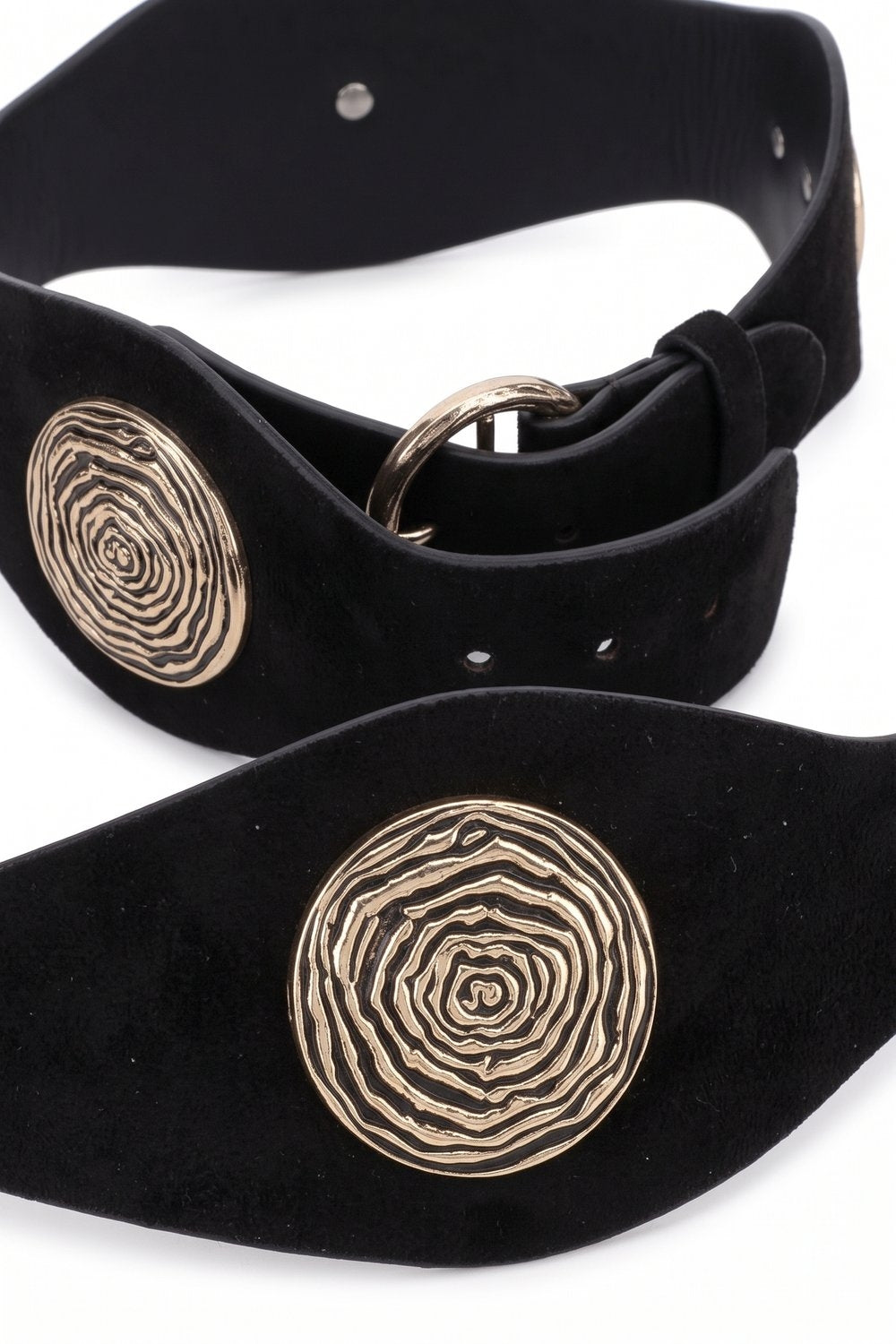 Black Suede Gold Swirl Buckle Wide Waist Belt - Belts