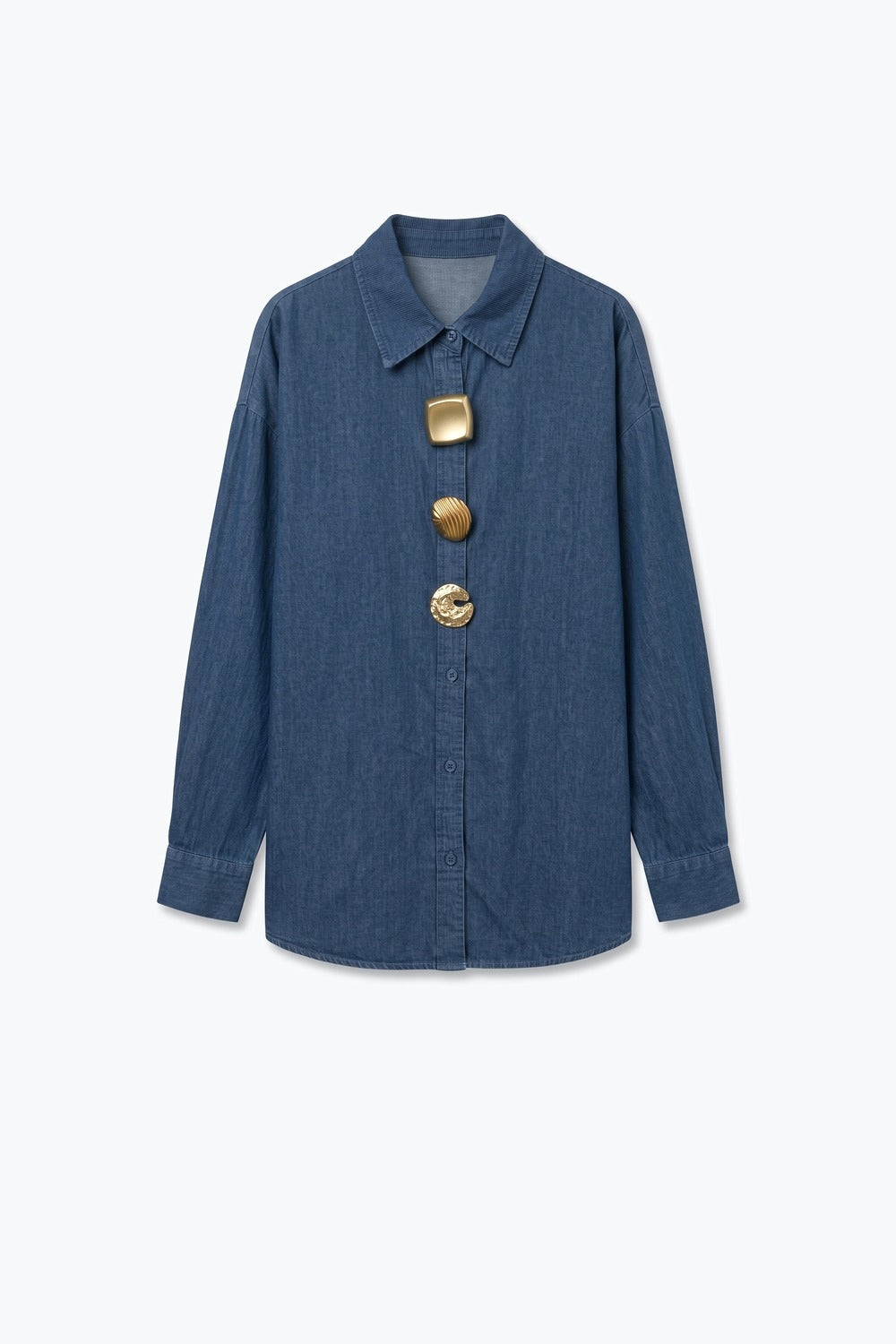 Denim Blue dark Wash Chambray Gold Button Shirt - Shirts