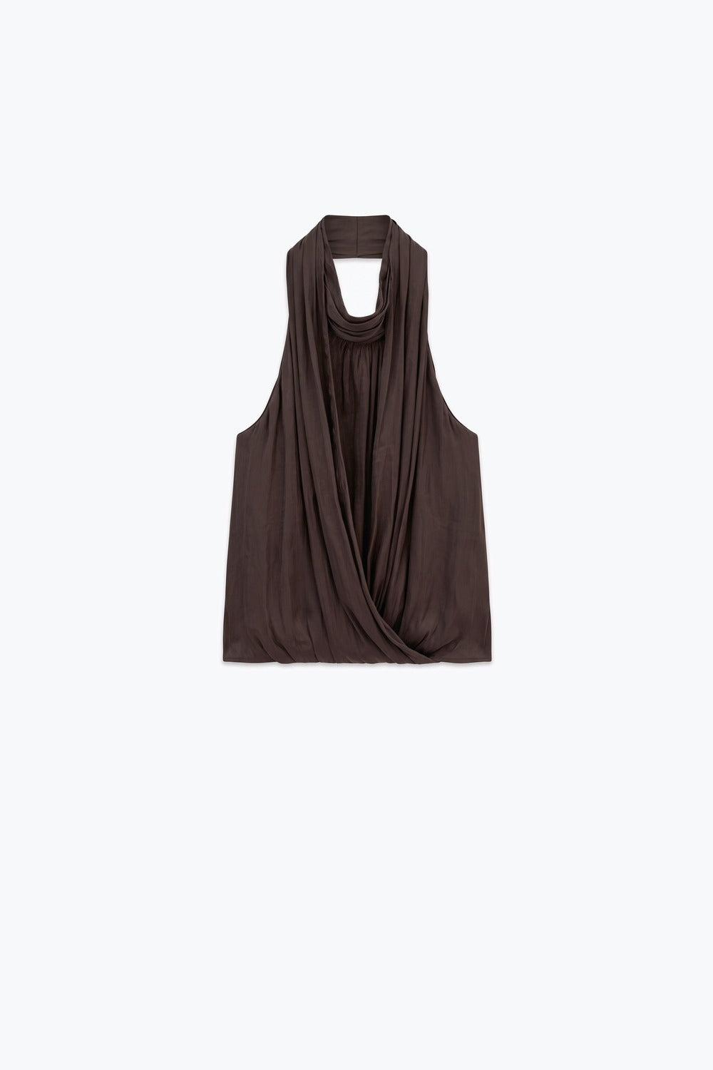 Brown satin Lightweight Woven Draped Halter Cowl Neck Top - top
