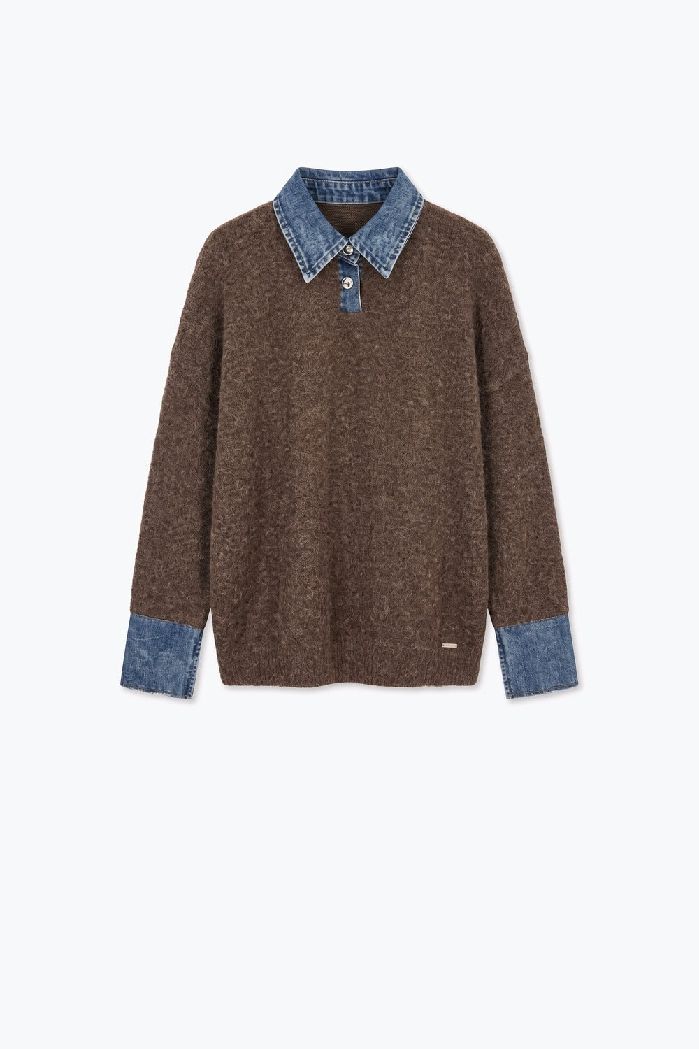 Brown Brushed Knit Denim Collar Button Placket Sweater - jumper