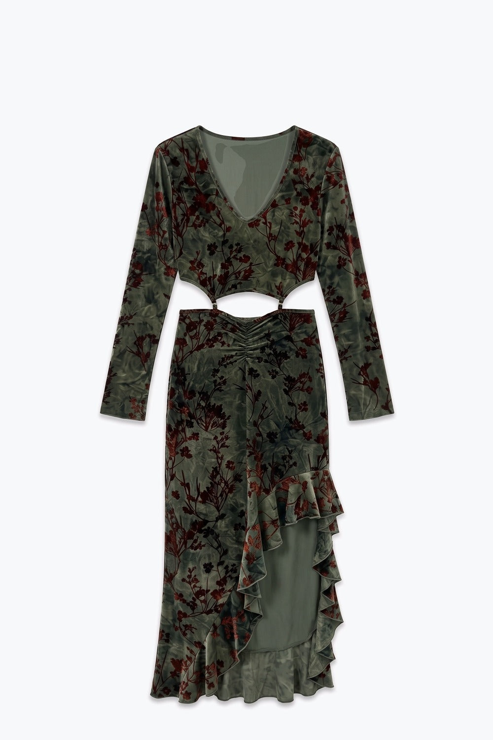 Sage Floral Velvet Cutout Ruched Ruffle Midi Dress in Stretch fabric - dress