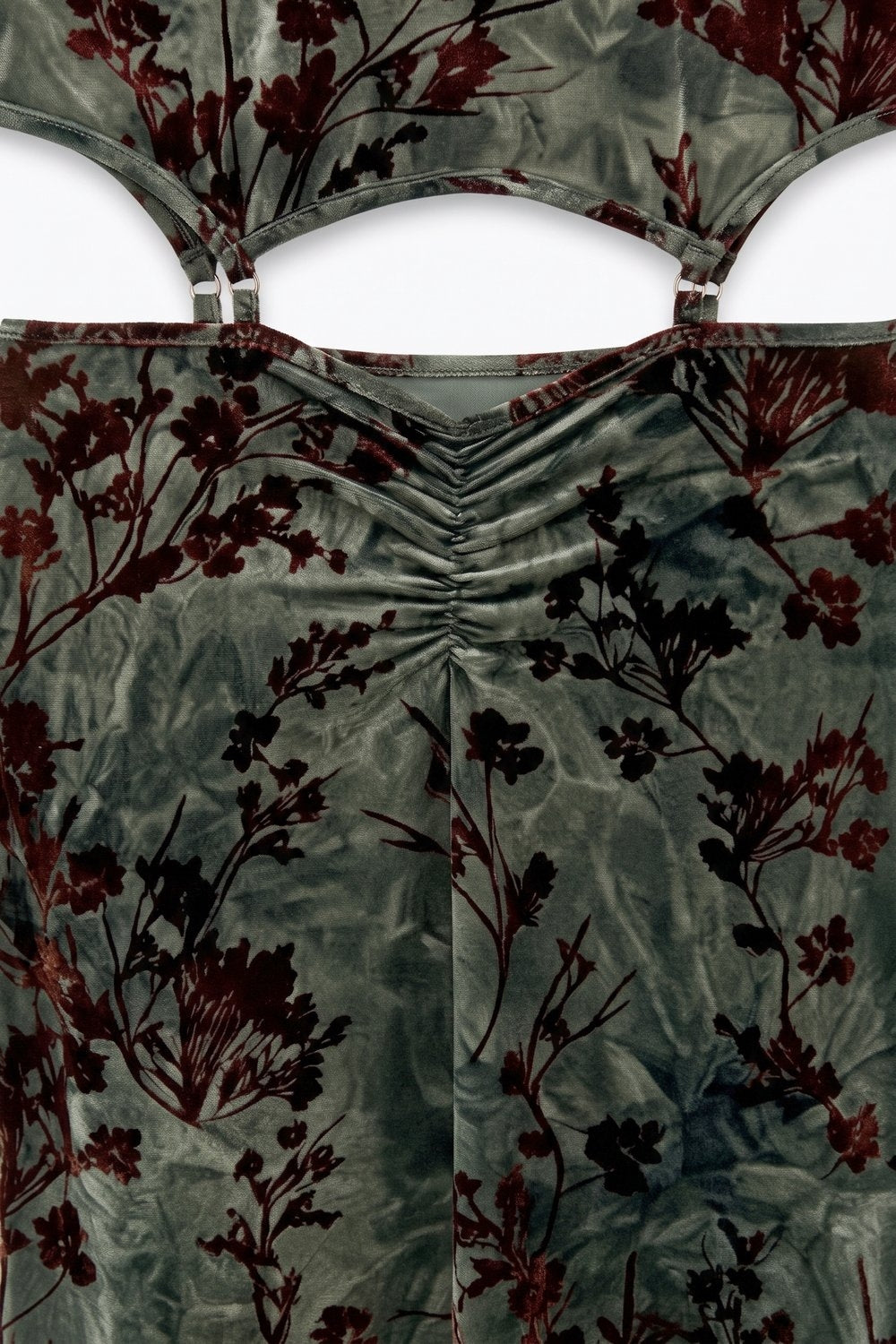 Sage Floral Velvet Cutout Ruched Ruffle Midi Dress in Stretch fabric - dress