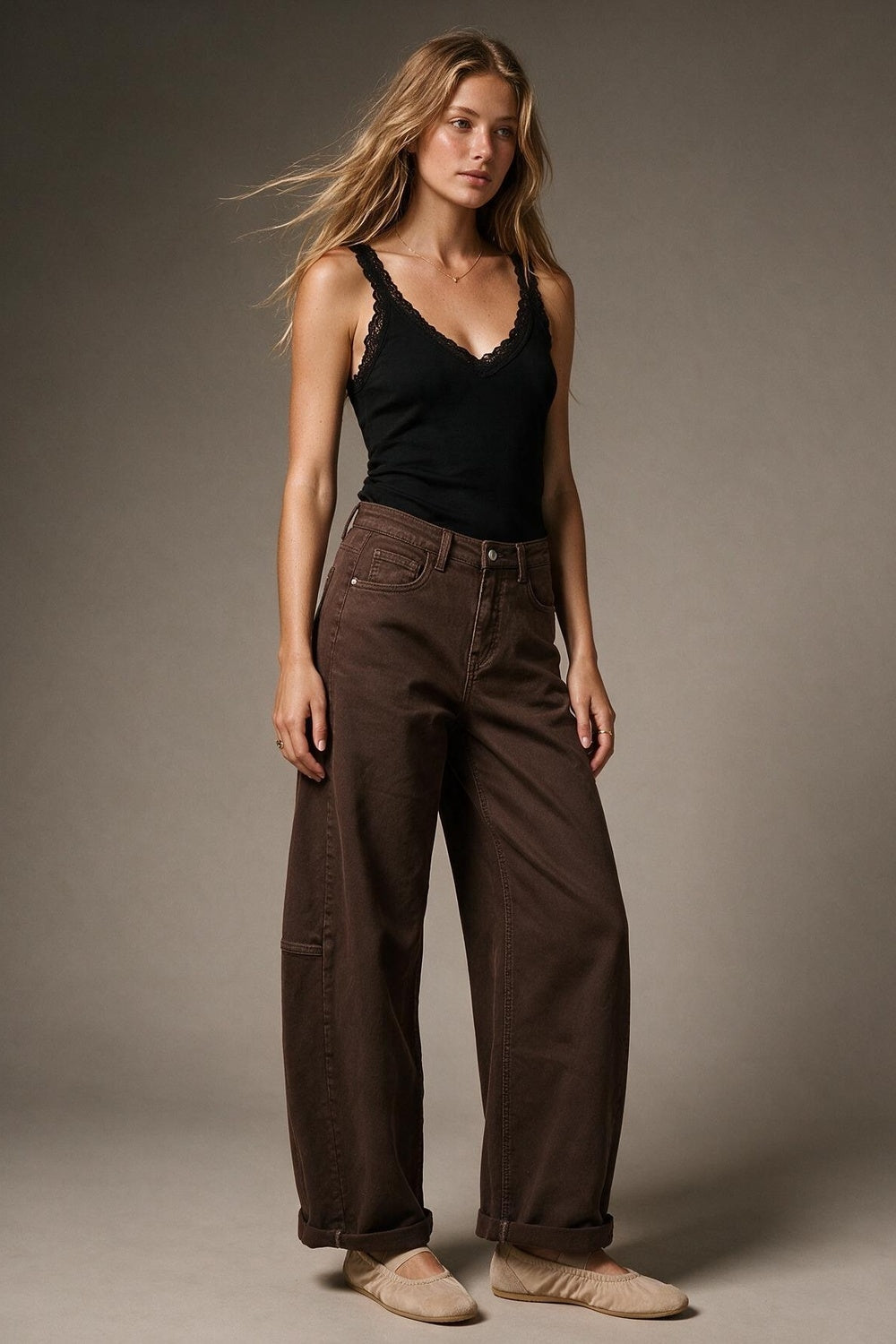 Brown Wide-Leg Cotton Twill Pants with Pockets in Barrel Style - Coloured Jeans