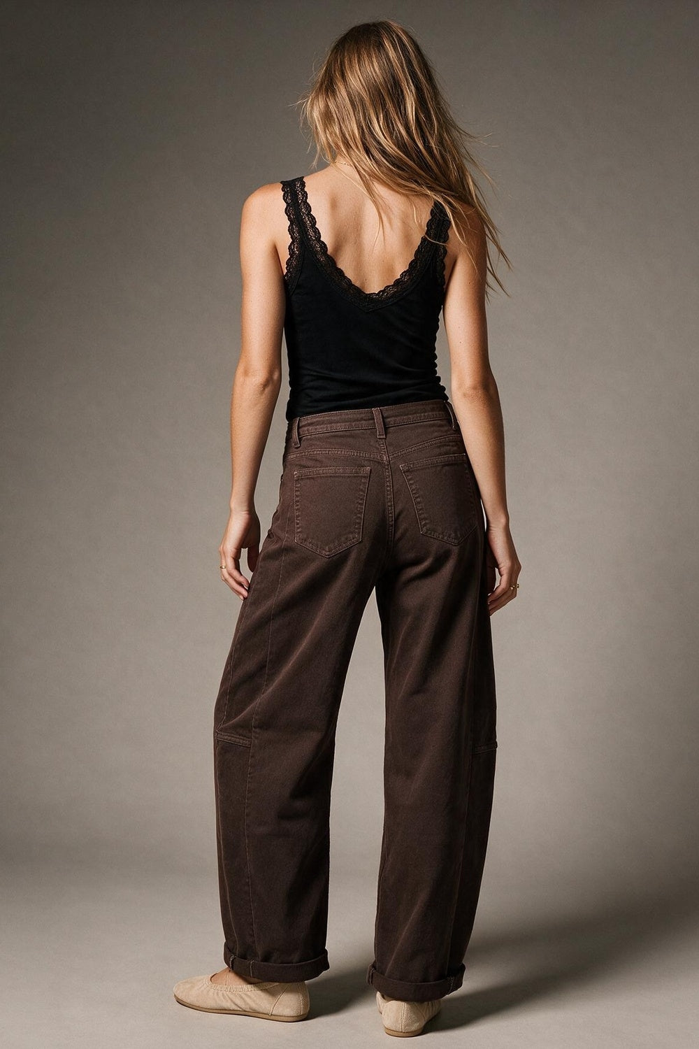 Brown Wide-Leg Cotton Twill Pants with Pockets in Barrel Style - Coloured Jeans