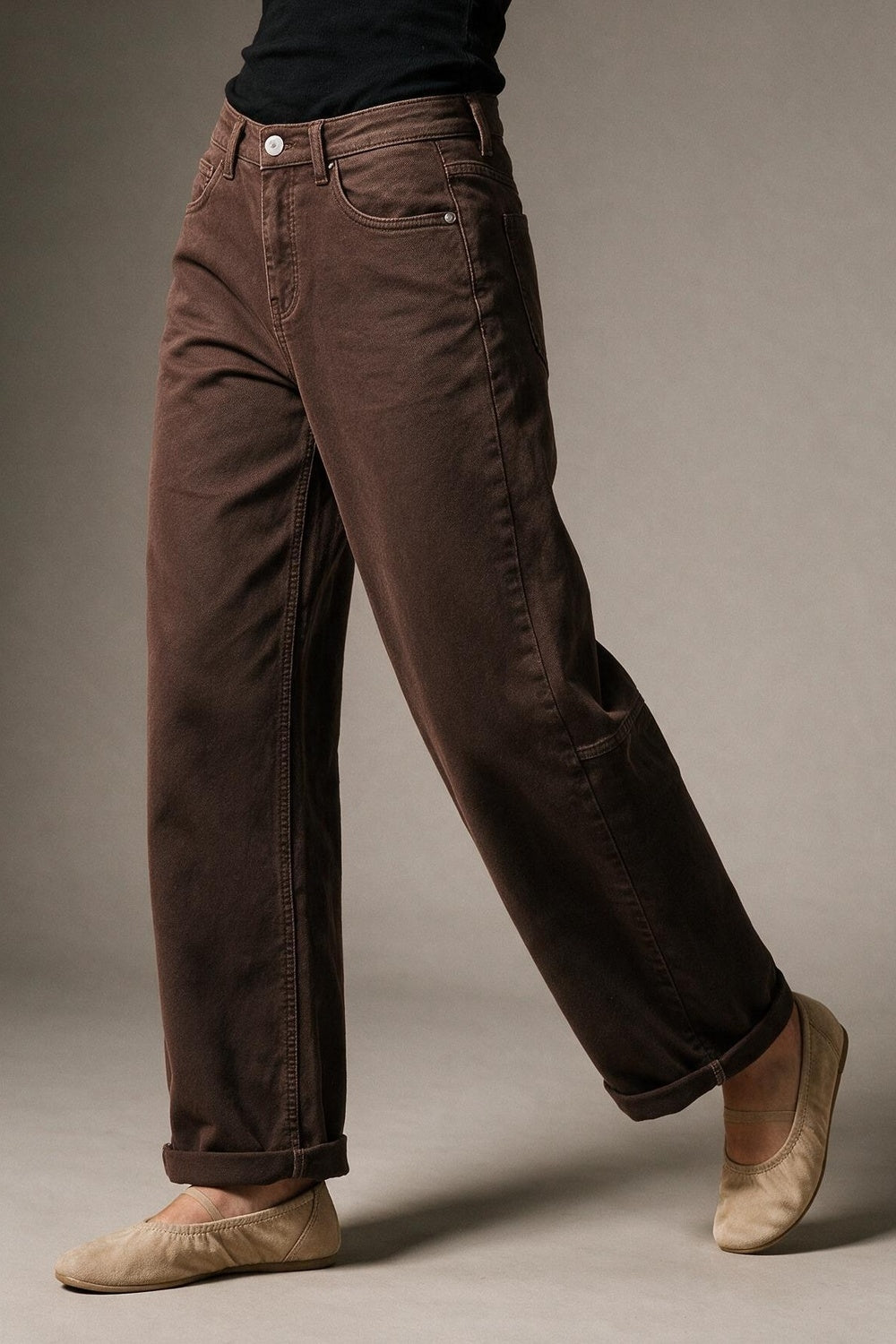 Brown Wide-Leg Cotton Twill Pants with Pockets in Barrel Style - Coloured Jeans