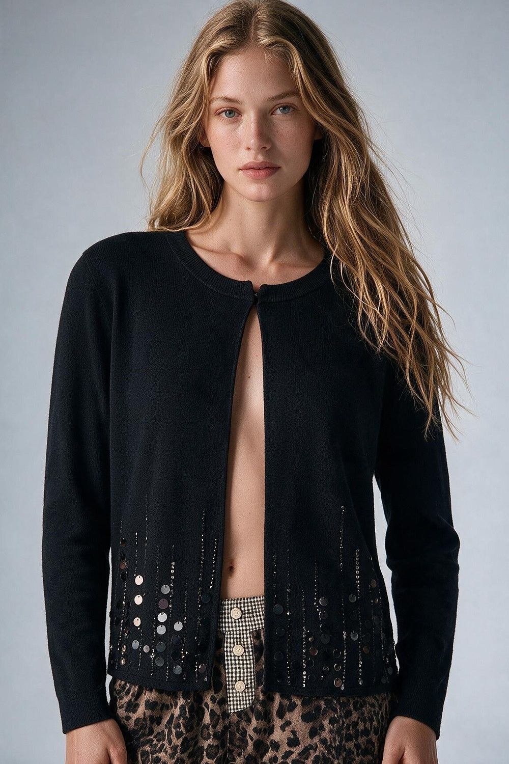Black Fine Knit Sequin Hem Open Front Cardigan - Cardigans